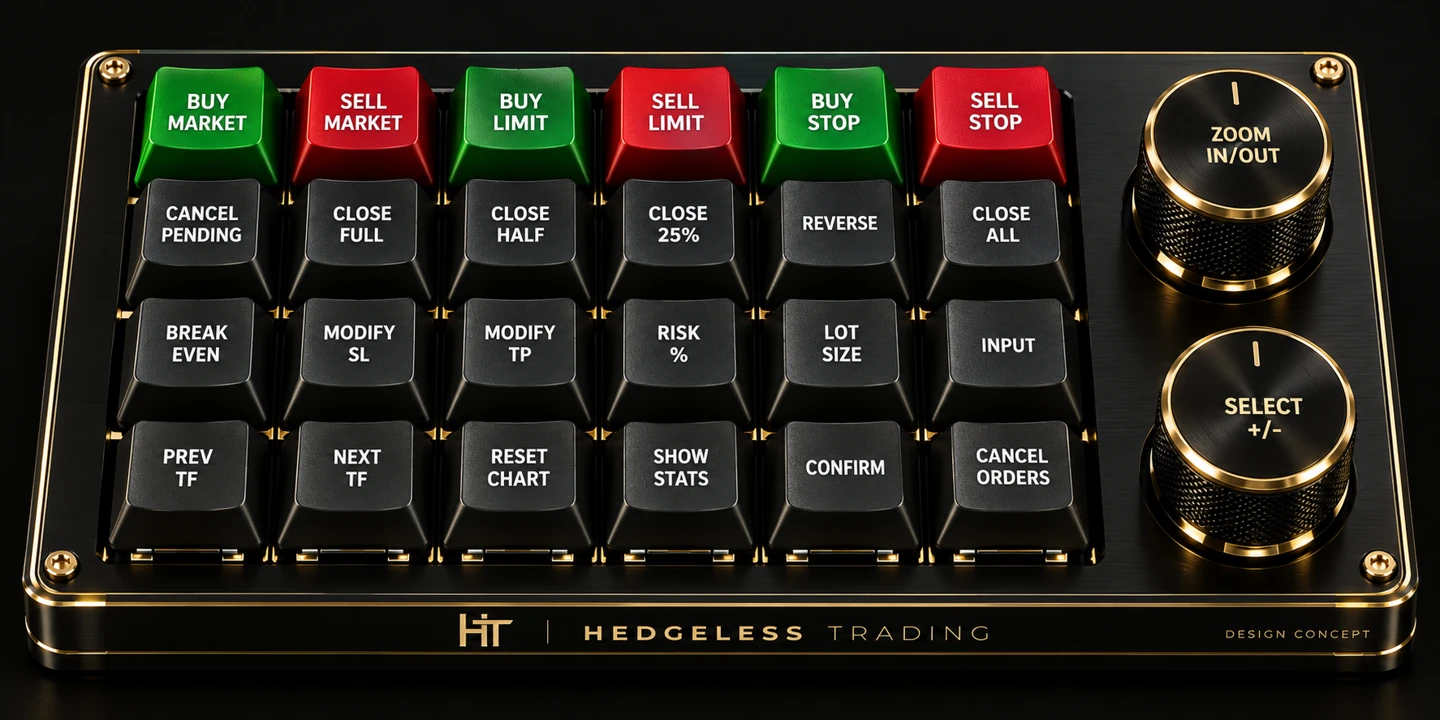 Market Command Trading Terminal · Hedgeless branded concept mockup