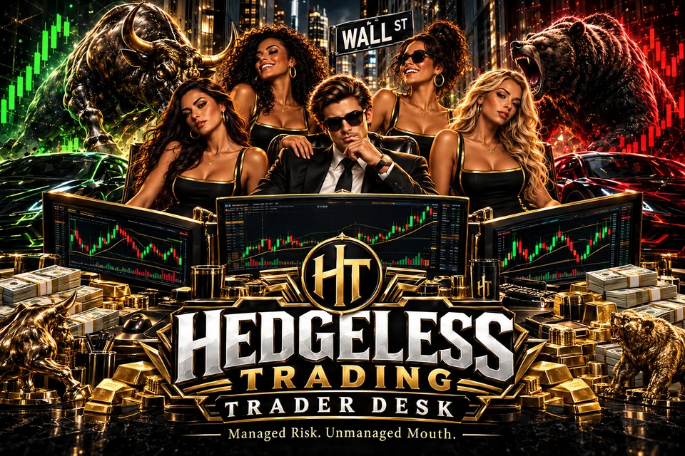 Hedgeless Trading Trader Desk logo with our sunglasses character, models, bull and bear, and trading monitors