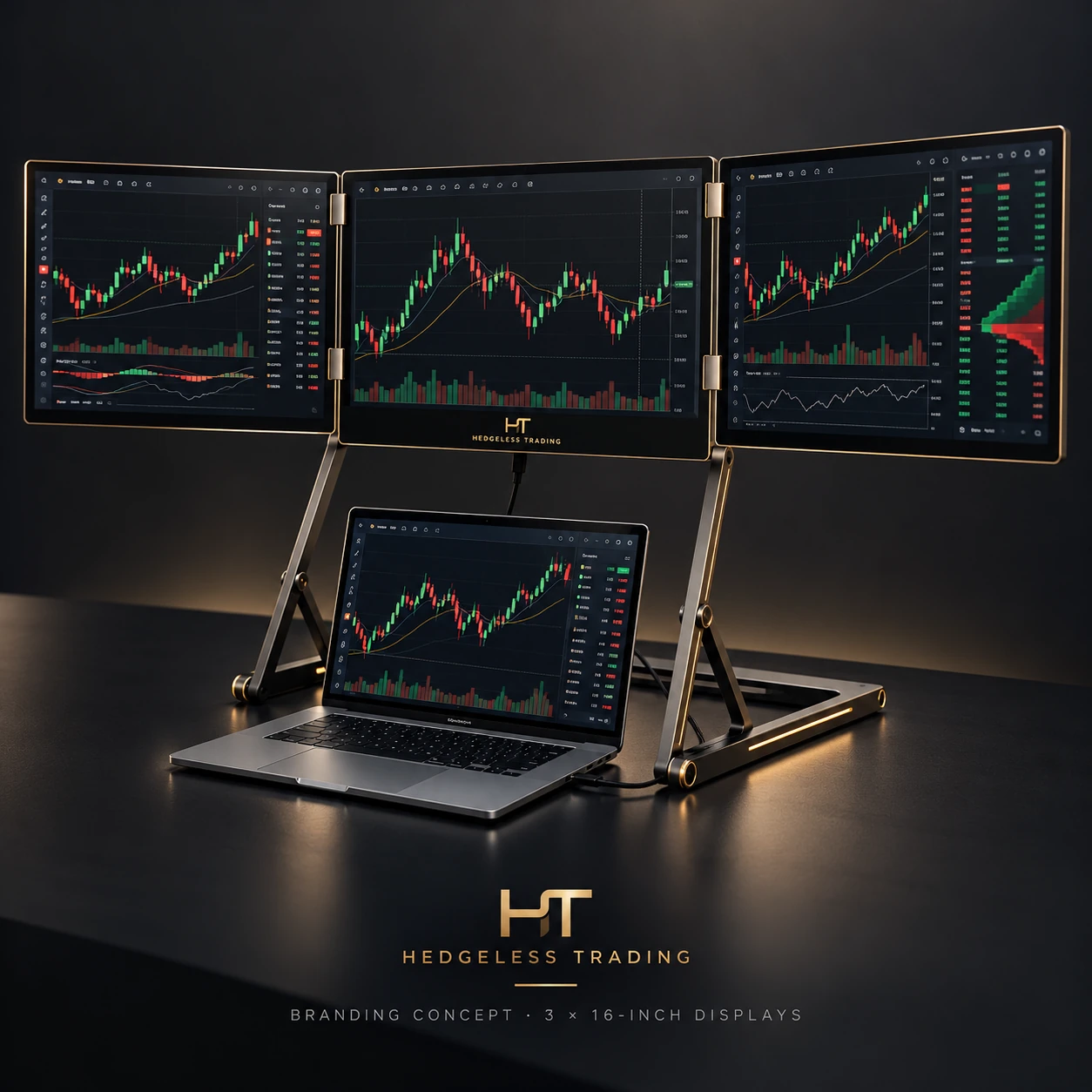 Triple-Screen Trading Desk · 16-inch · Hedgeless branded concept mockup